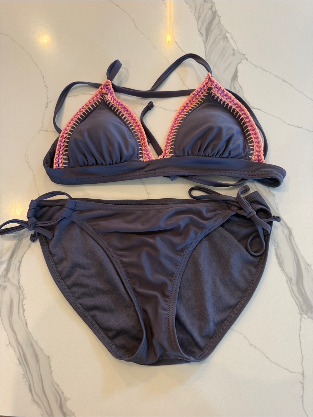 Xhilaration Dark Gray Bikini Set with Pink Crochet Trim